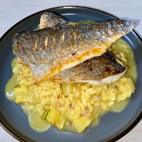 risotto cu dovlecel si biban de mare